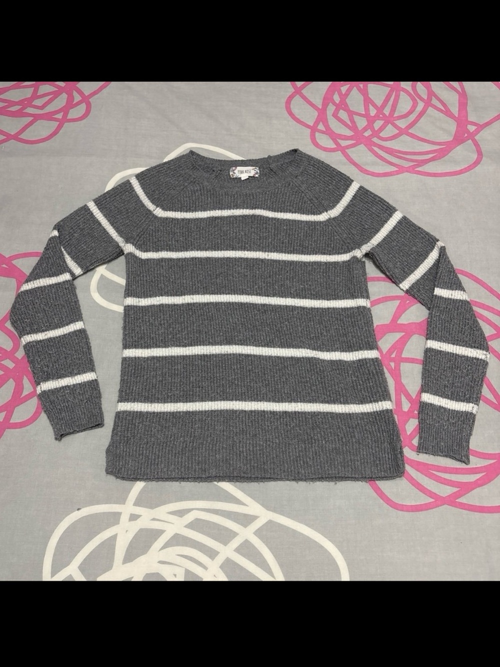 Pink Rose Grey and White Striped Sweater